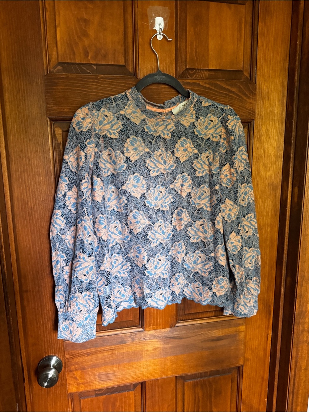 LOFT Blue Lace Floral Long-Sleeve Blouse with Peach Underlay - Picture 2 of 9